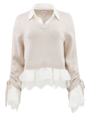 cinq a sept Cream Layered V-Neck Sweater with Ruffle Details